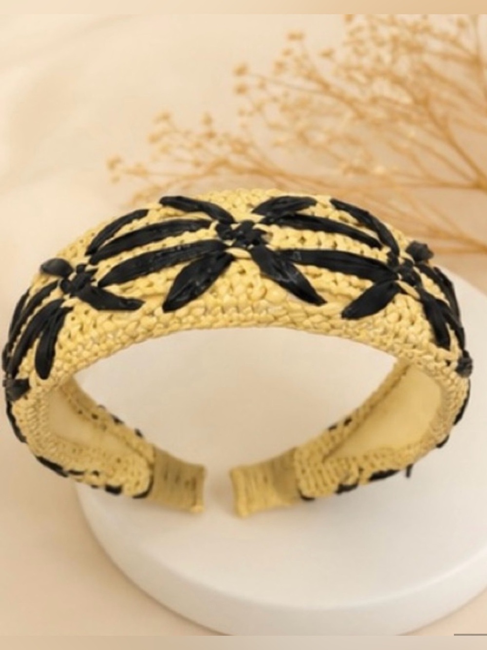 Yellow Woven Headband with Black Floral Trim